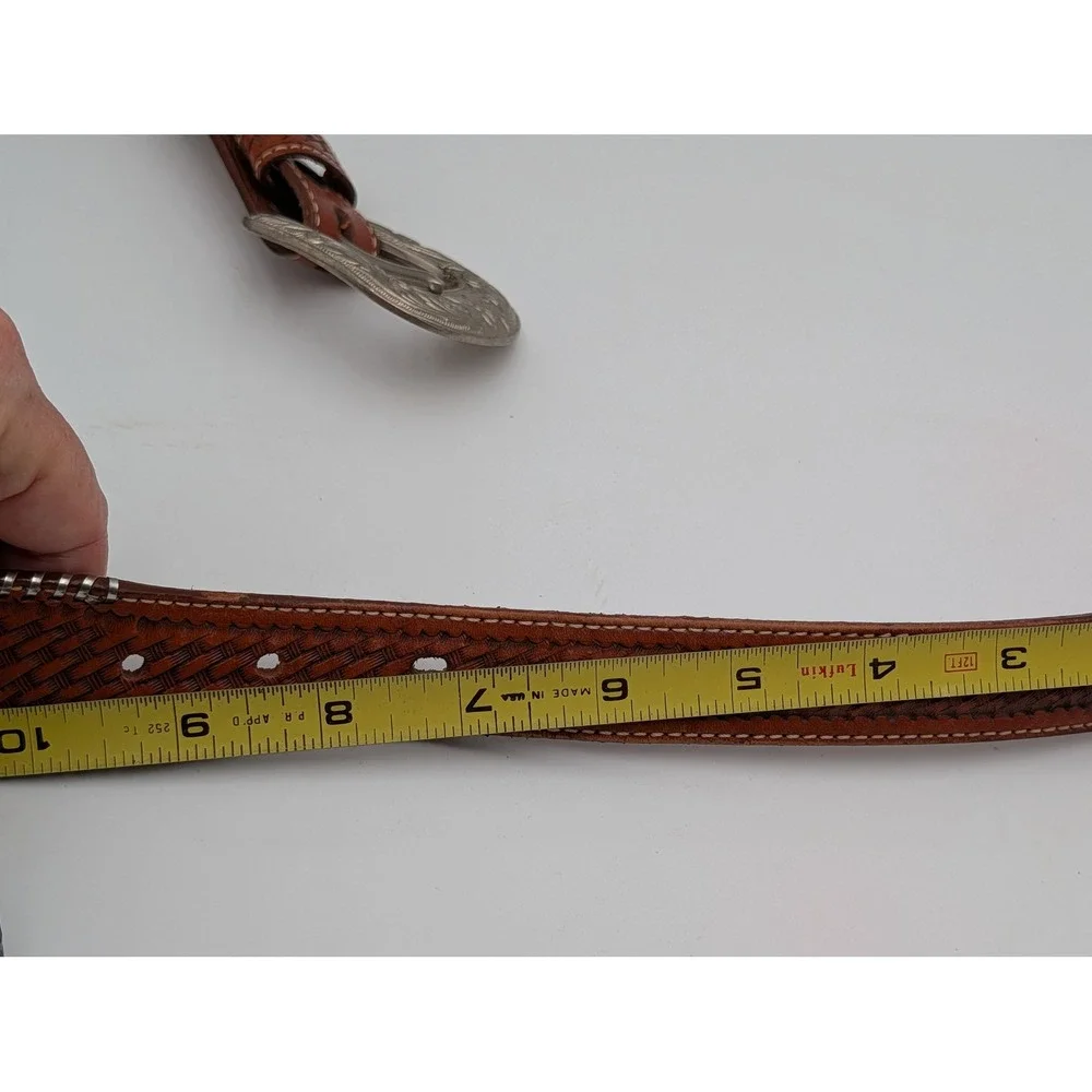 Unisex Western Belt Basketweave Metal Arrowhead Tooled Brown